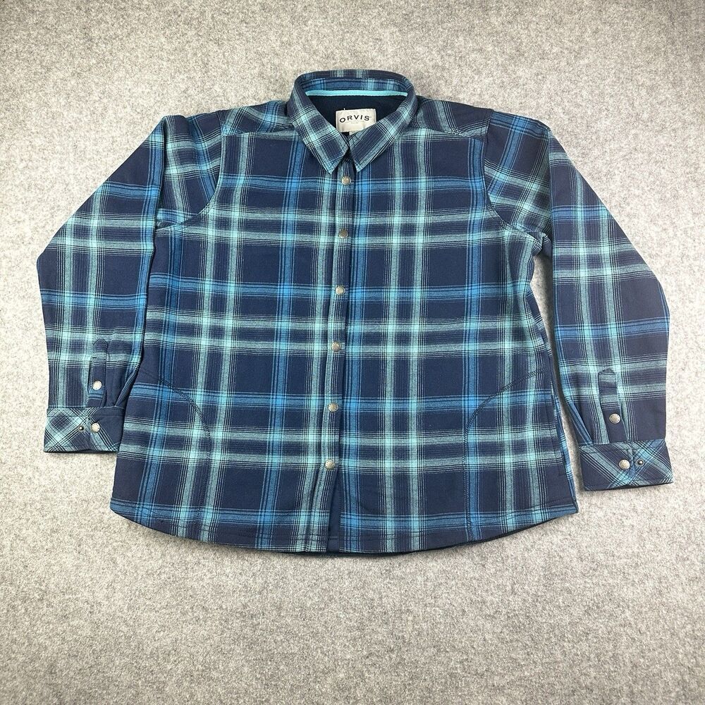 Orvis Shacket Flannel Shirt Jacket Womens XXL Plaid Snap Pockets Fleece Lined